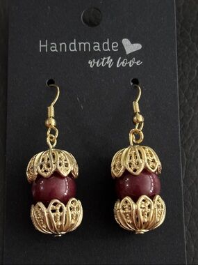 Handmade Gold-Tone Drop Earrings with Glass Bead